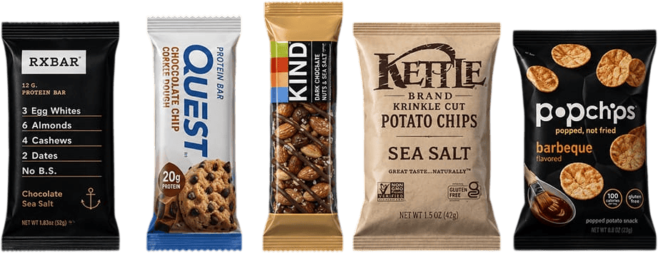 RXBAR, Quest, KIND, Kettle and Popchips snacks